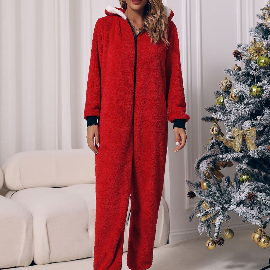 Zip Front Long Sleeve Hooded Teddy Lounge Jumpsuit