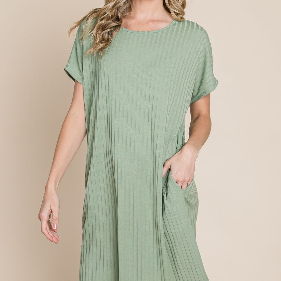 BOMBOM Ribbed Round Neck Short Sleeve Dress