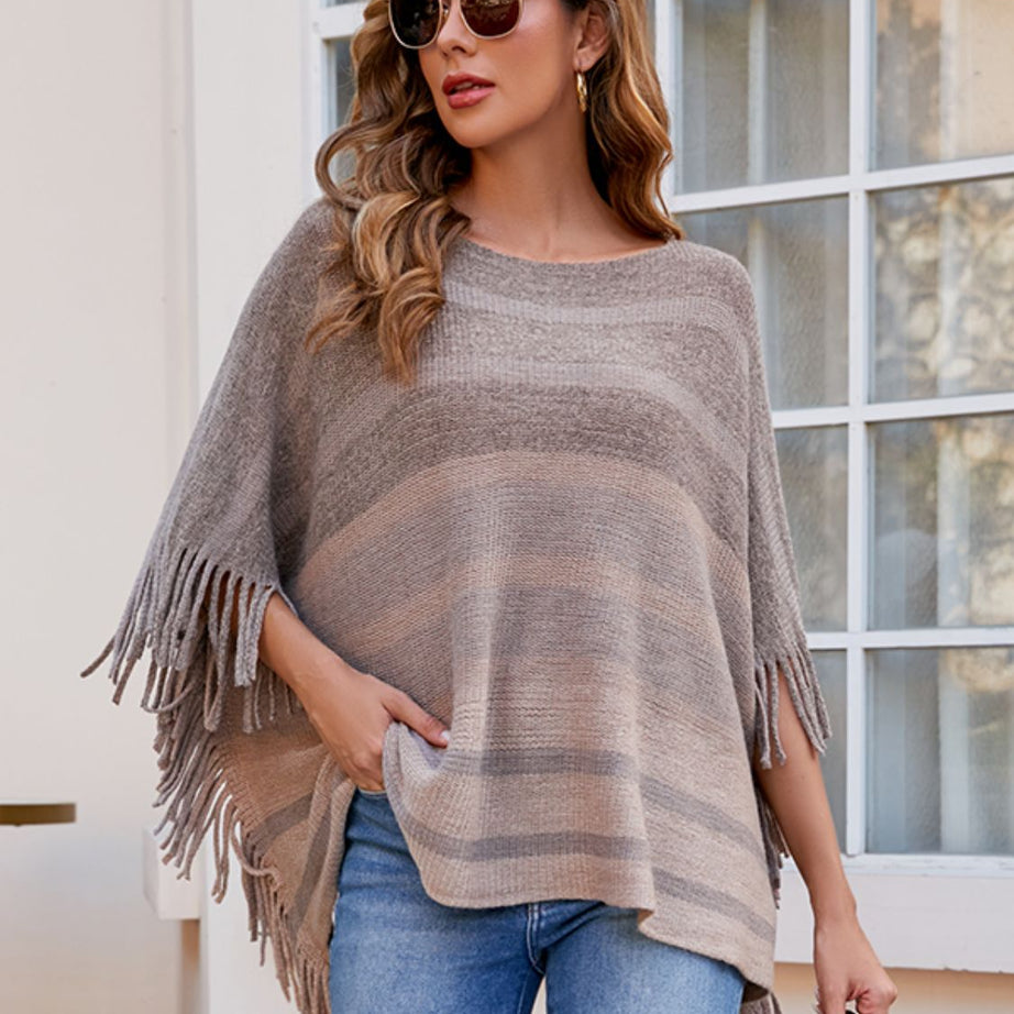 Striped Boat Neck Poncho with Fringes