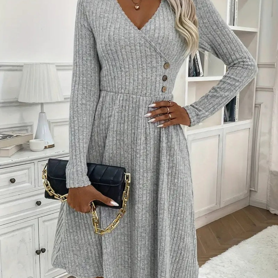 Surplice Long Sleeve Mini Sweater Dress