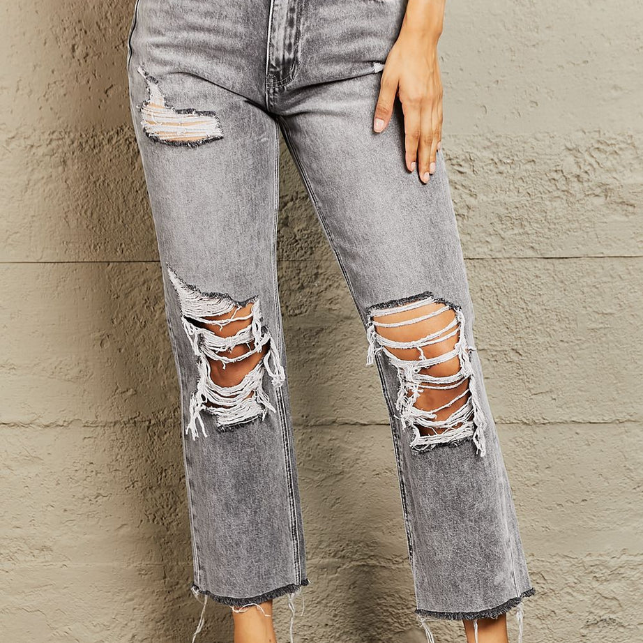 BAYEAS Acid Wash Distressed Cropped Straight Jeans