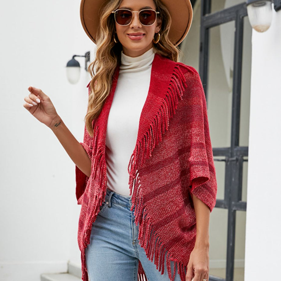 Fringe Detail Open Front Poncho