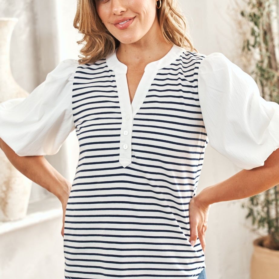 Hailey & Co Striped Contrast Puff Sleeve Top