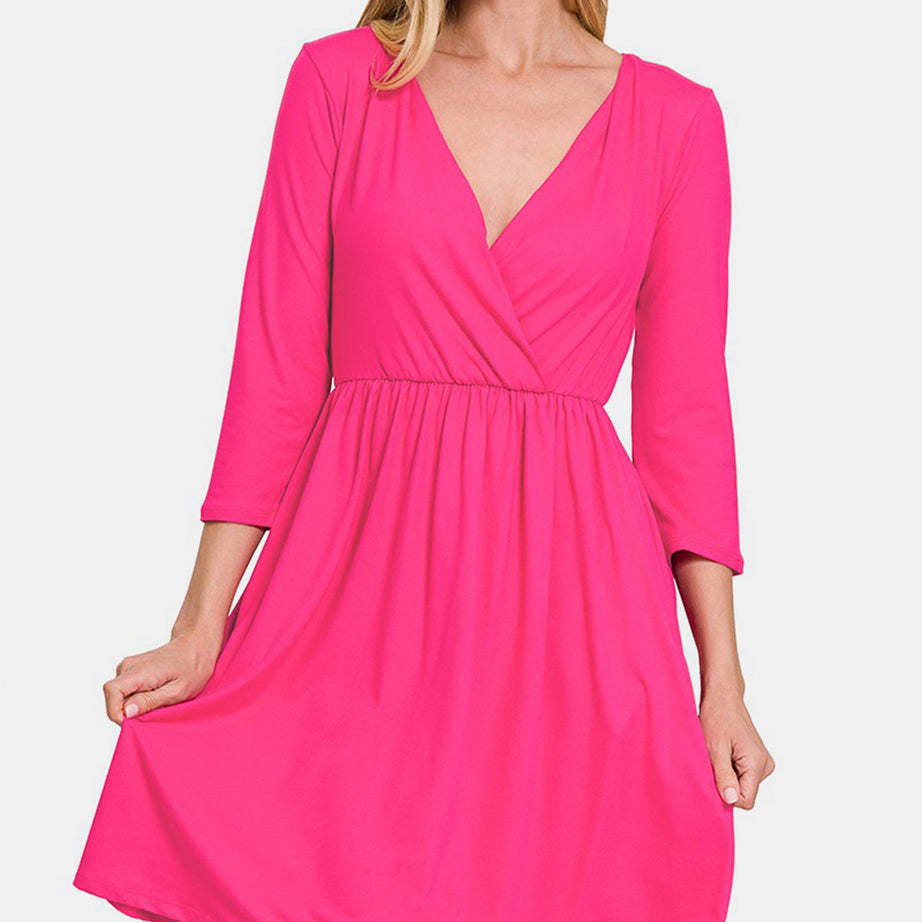 Zenana Three-Quarter Sleeve Surplice Dress with Pockets