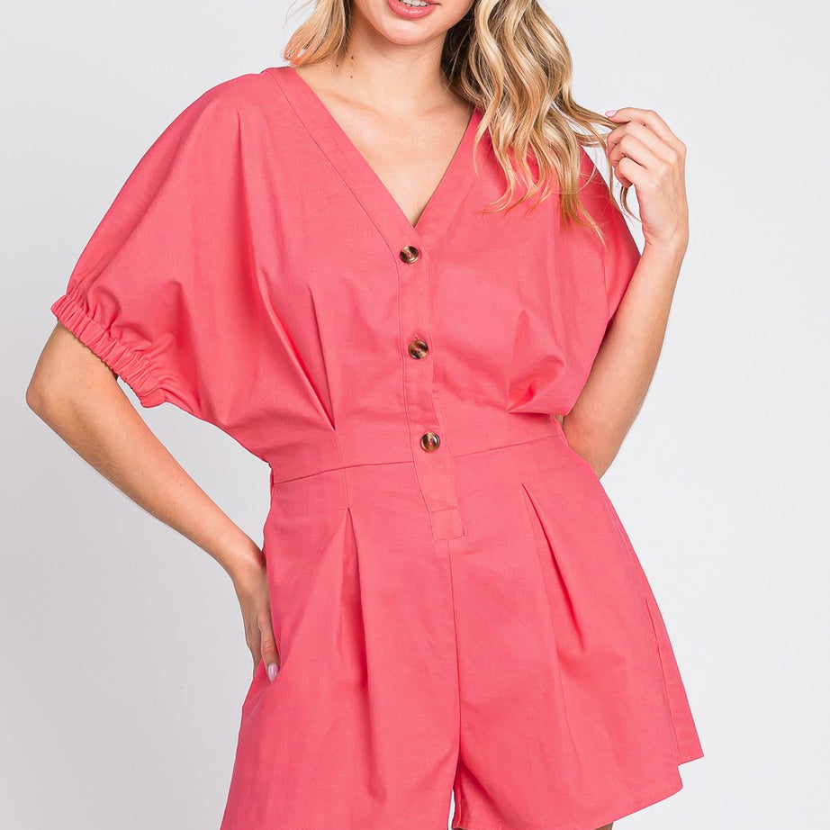 GeeGee Half Button V-Neck Linen Romper