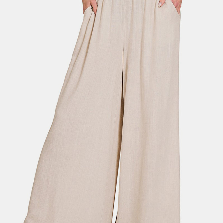 Zenana Pleated Linen Blend Wide Leg Pants