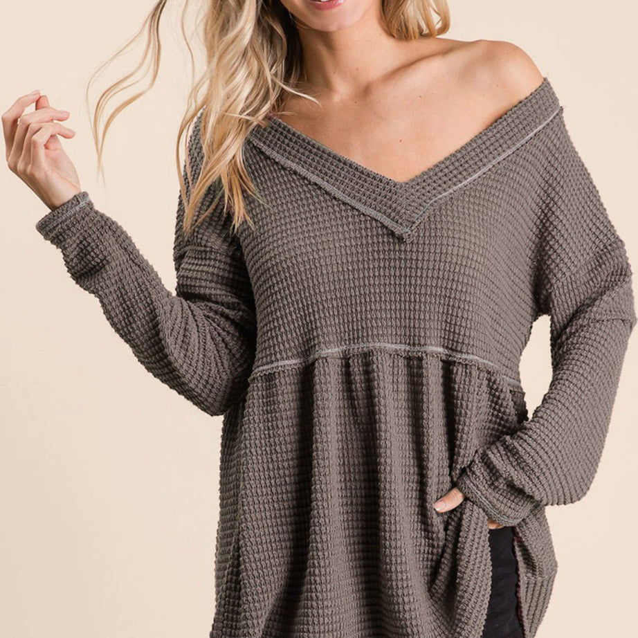 BiBi Waffle Knit V-Neck Babydoll Blouse