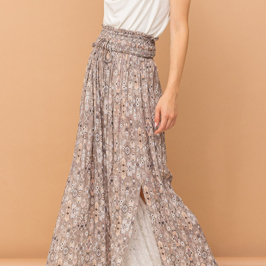 And The Why Printed Smocked Waist Slit Wide Leg Pants