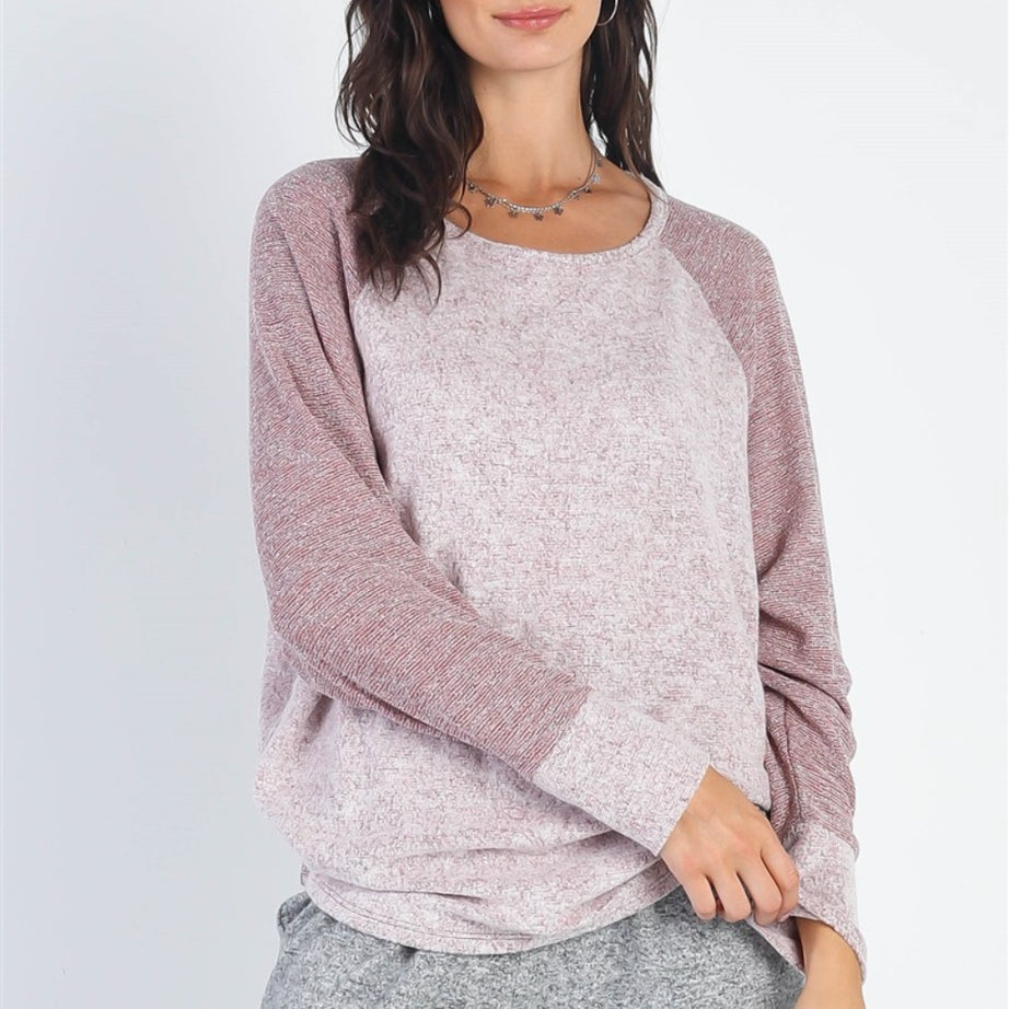 Cherish Apparel Round Neck Long Sleeve Contrast Top