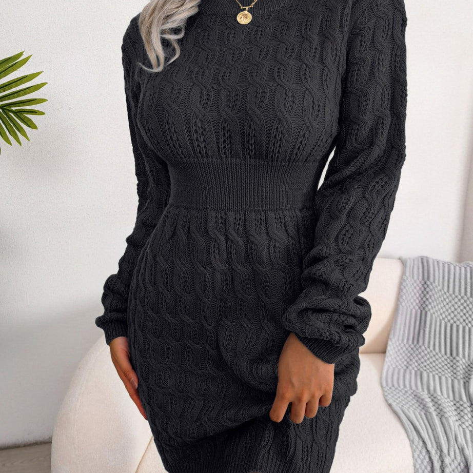 Cable-Knit Round Neck Mini Wrap Sweater Dress