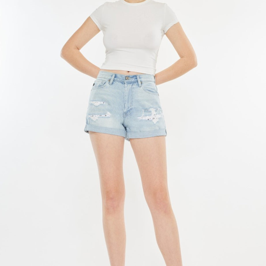 Kancan High Rise Repaired Mom Denim Shorts