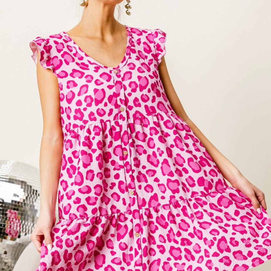 BiBi Leopard Cap Sleeve Tiered Mini Dress