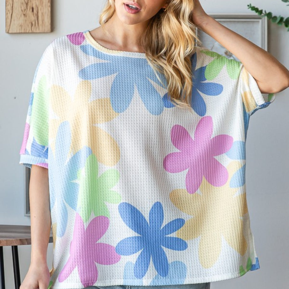 HOPELY Floral Round Neck Waffle T-Shirt