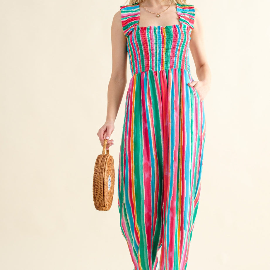 And The Why Full Size Striped Smocked Sleeveless Jumpsuit