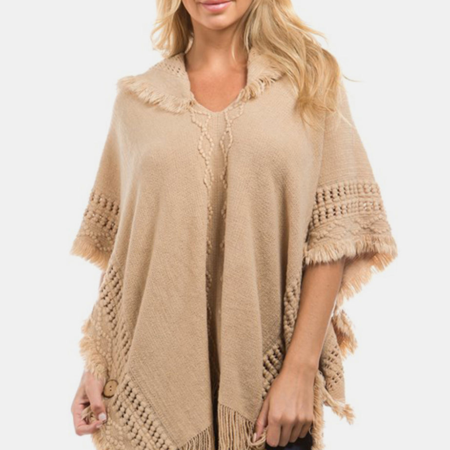 Fringed Crochet Buttoned Hooded Poncho