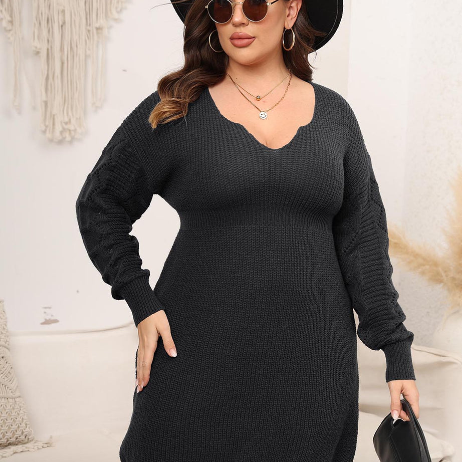 Plus Size Dropped Shoulder Long Sleeve Knit Mini Dress