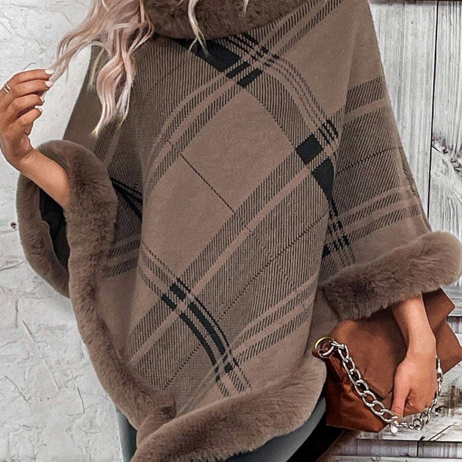 Plaid Faux Fur Trim Poncho