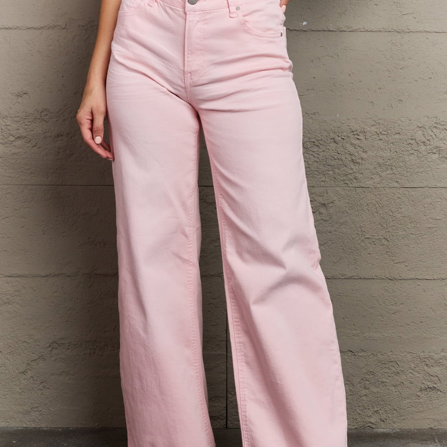 RISEN Raelene Full Size High Waist Wide Leg Jeans in Light Pink