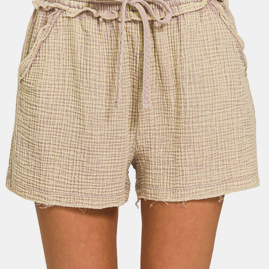 Zenana Washed Frayed Hem Drawstring Shorts