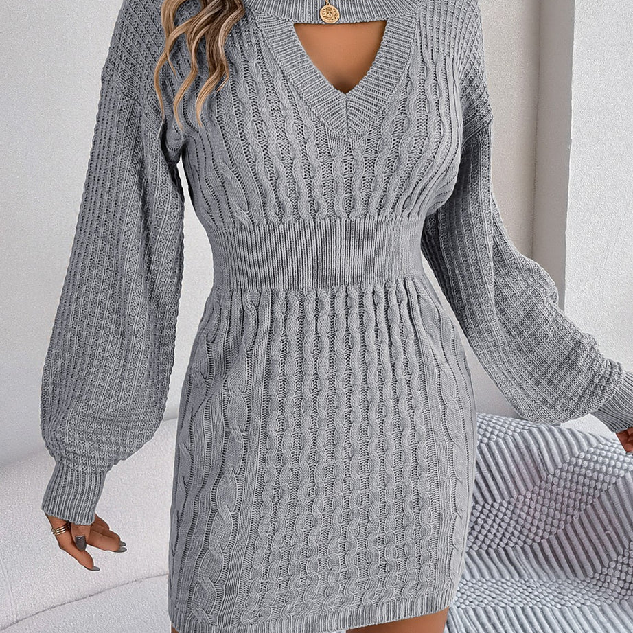 Cable-Knit Cutout Round Neck Slit Sweater Dress