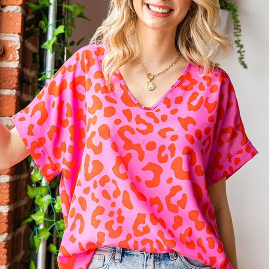 First Love Leopard V-Neck Short Sleeve Woven Top