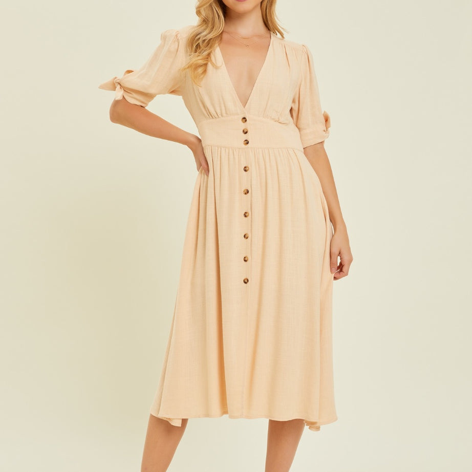 HEYSON Full Size Textured Linen V-Neck Button-Down Midi Dress