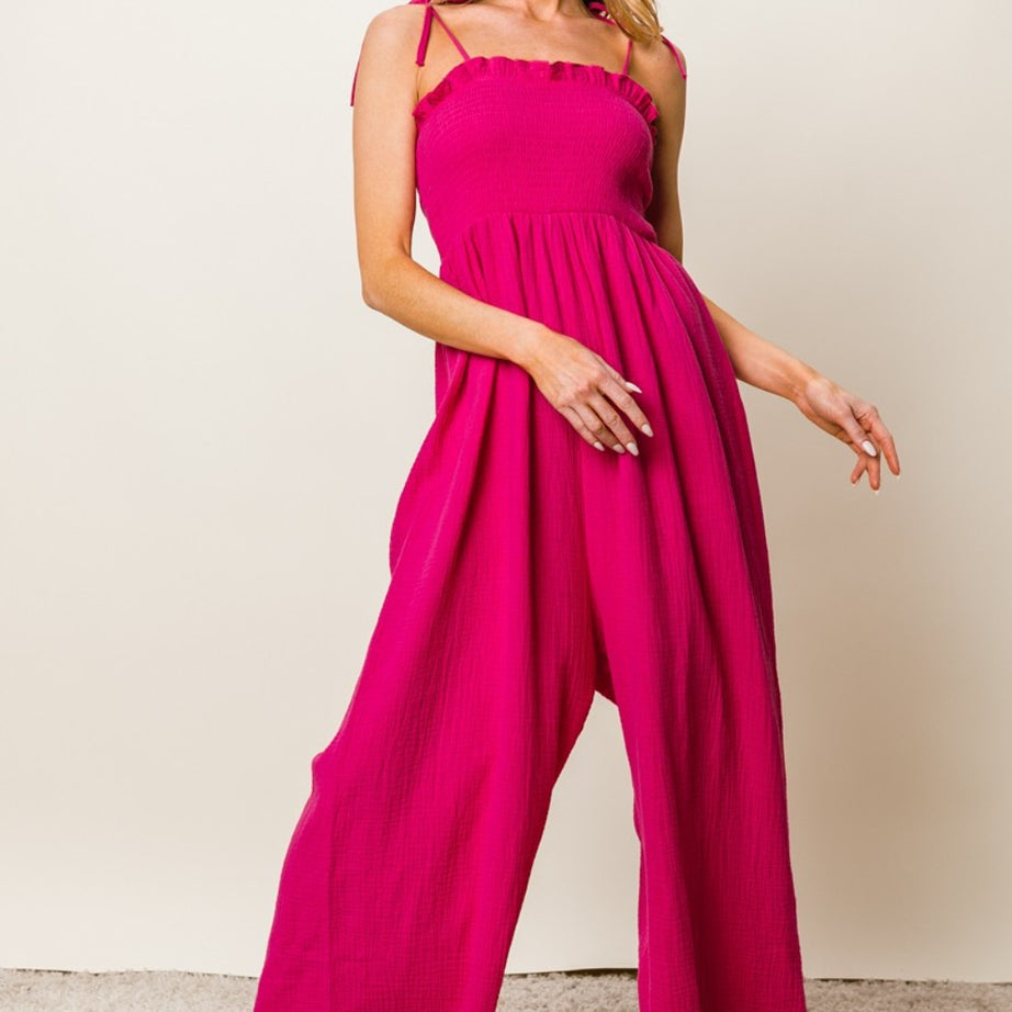 BiBi Texture Smocked Sleeveless Jumpsuit