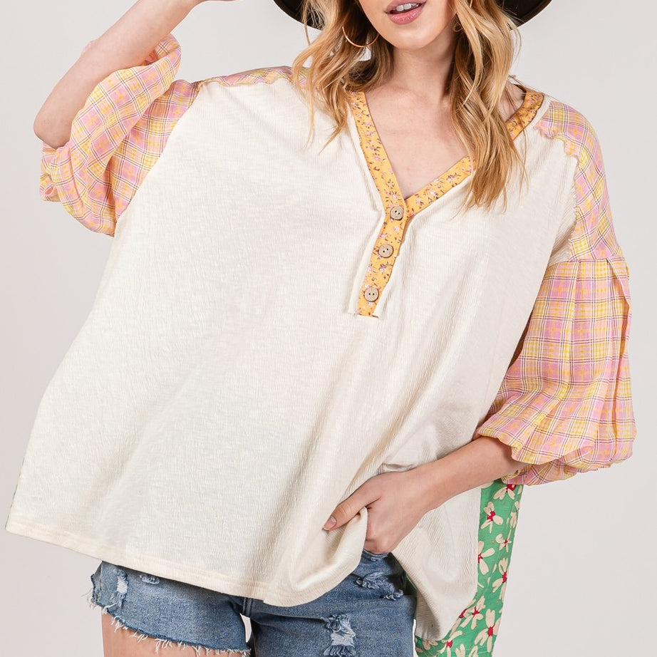 SAGE + FIG Color Block Bubble Sleeve Top