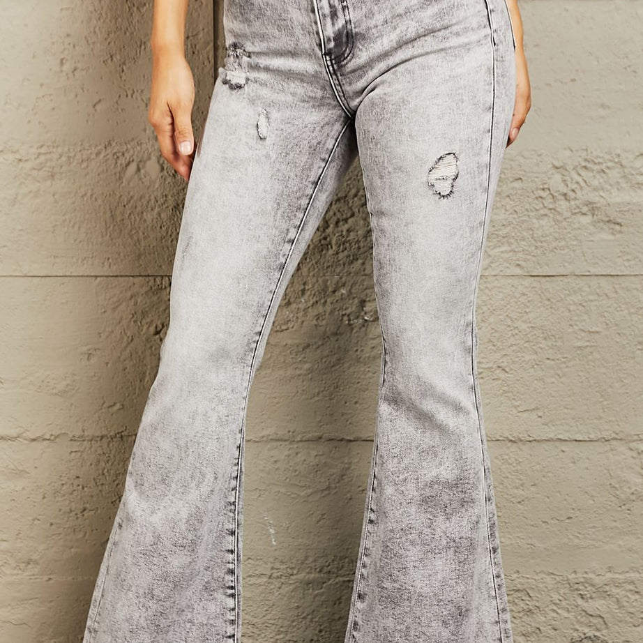 BAYEAS High Waisted Acid Wash Flare Jeans