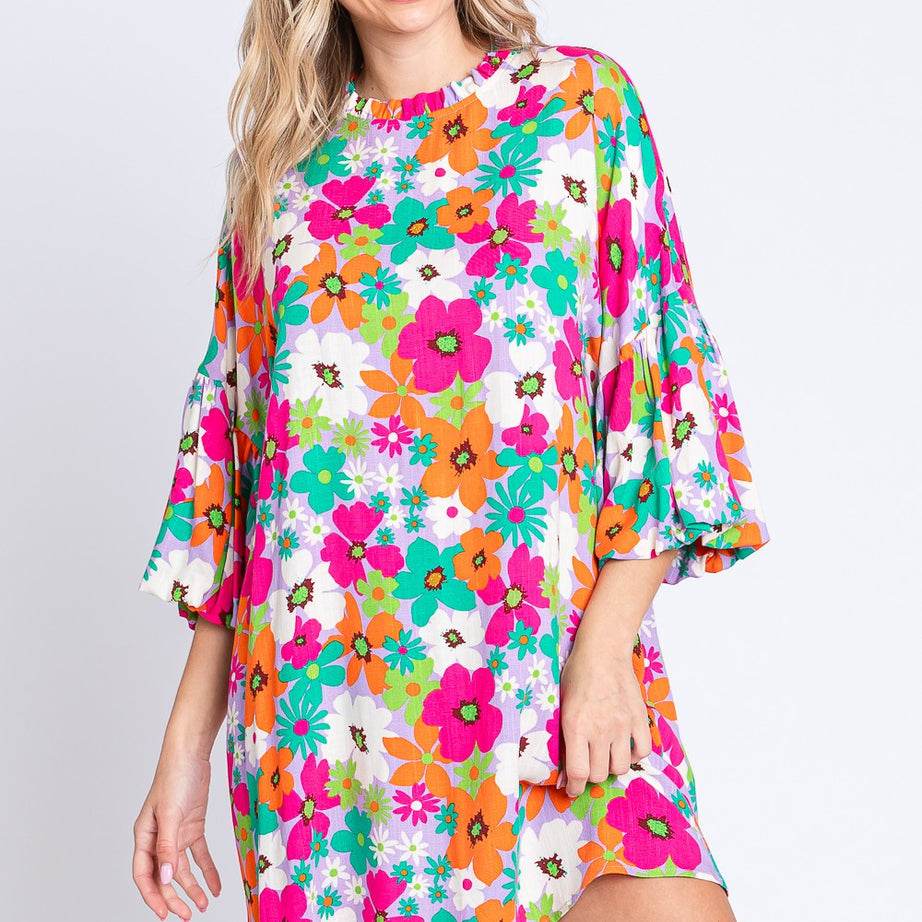 GeeGee Full Size Floral Round Neck Lantern Sleeve Mini Dress