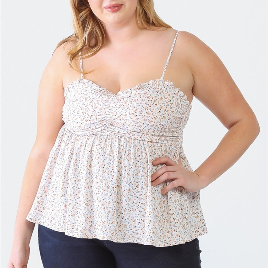 Zenobia Plus Size Frill Smocked Floral Sweetheart Neck Cami