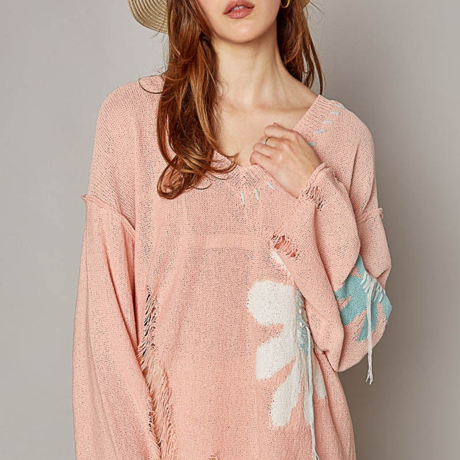 POL Distressed Flower V-Neck Dropped Shoulder Knit Top