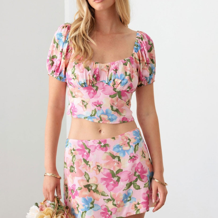 Le Lis Floral Puff Sleeve Crop Top and Mini Skirt Set