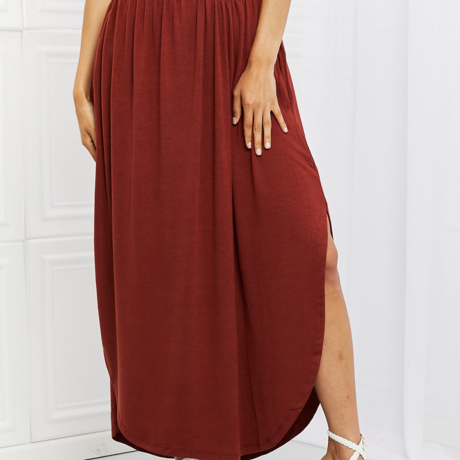 Zenana It's My Time Full Size Side Scoop Scrunch Skirt in Dark Rust