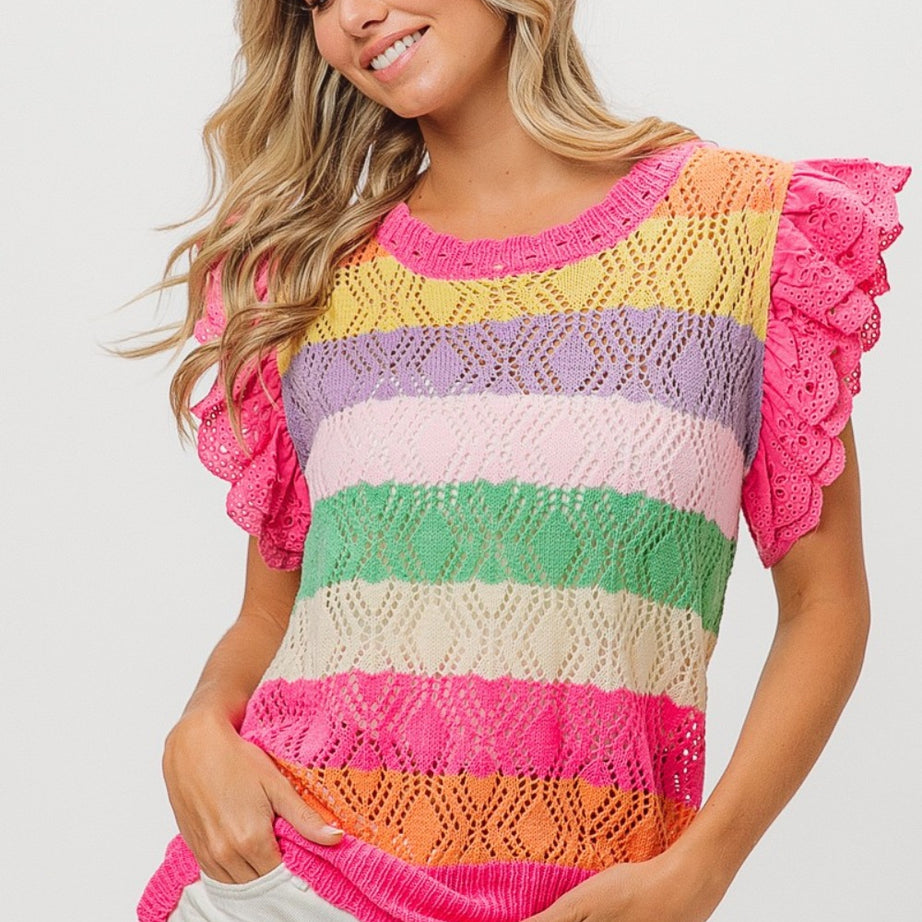 BiBi Pointelle Striped Ruffled Knit Top