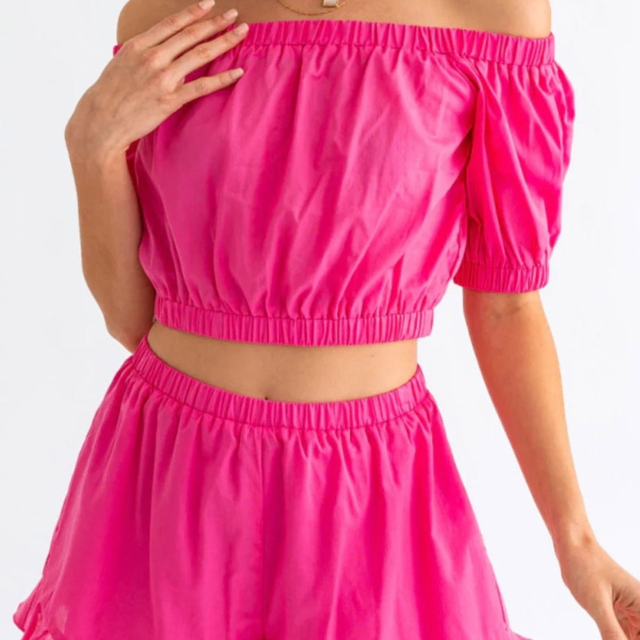 Le Lis Off Shoulder Crop Top and Ruffled Shorts Set