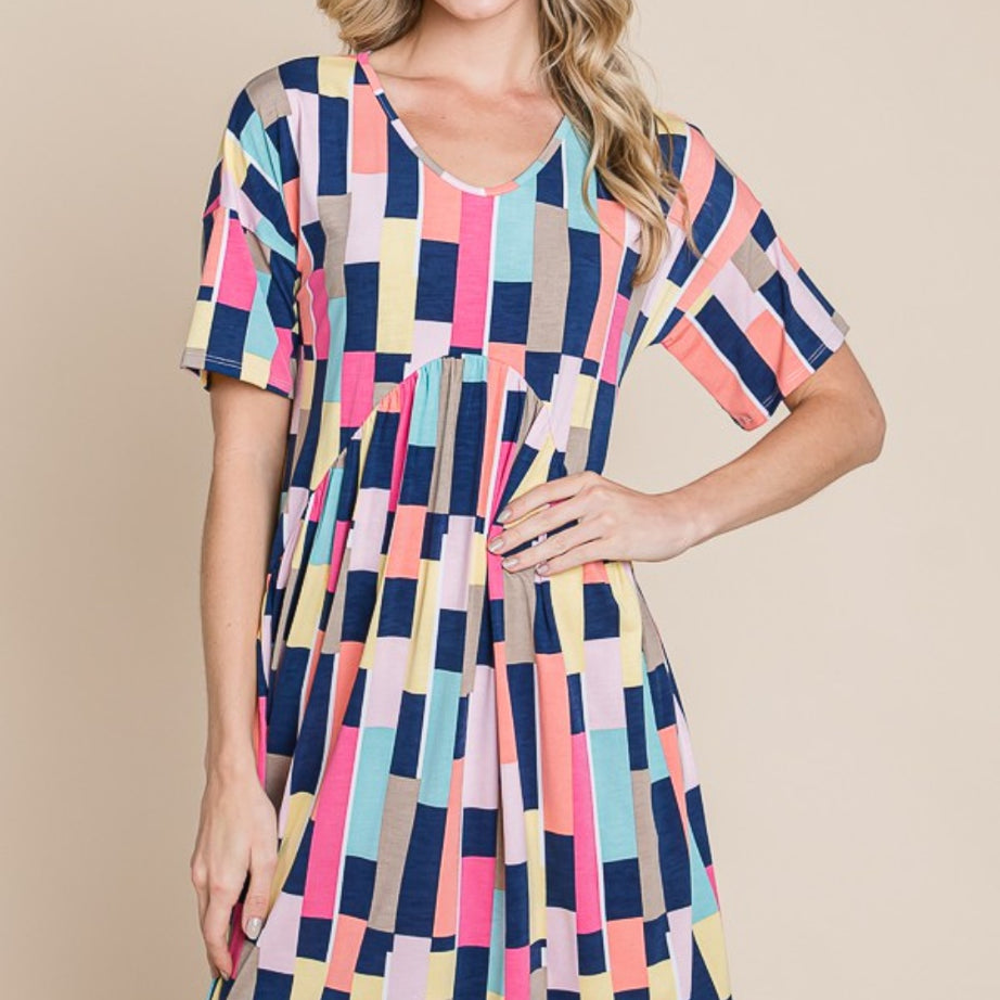 BOMBOM Ruched Color Block Short Sleeve Mini Dress