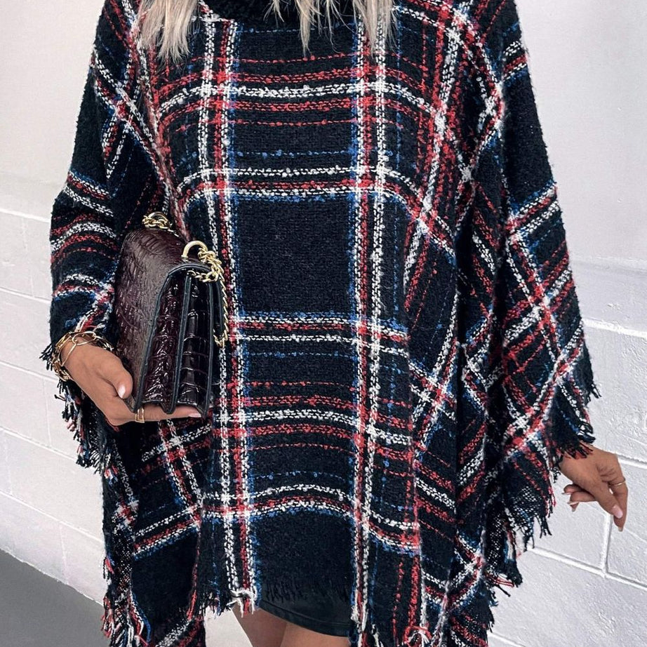 Plaid Turtleneck Fringe Hem Poncho