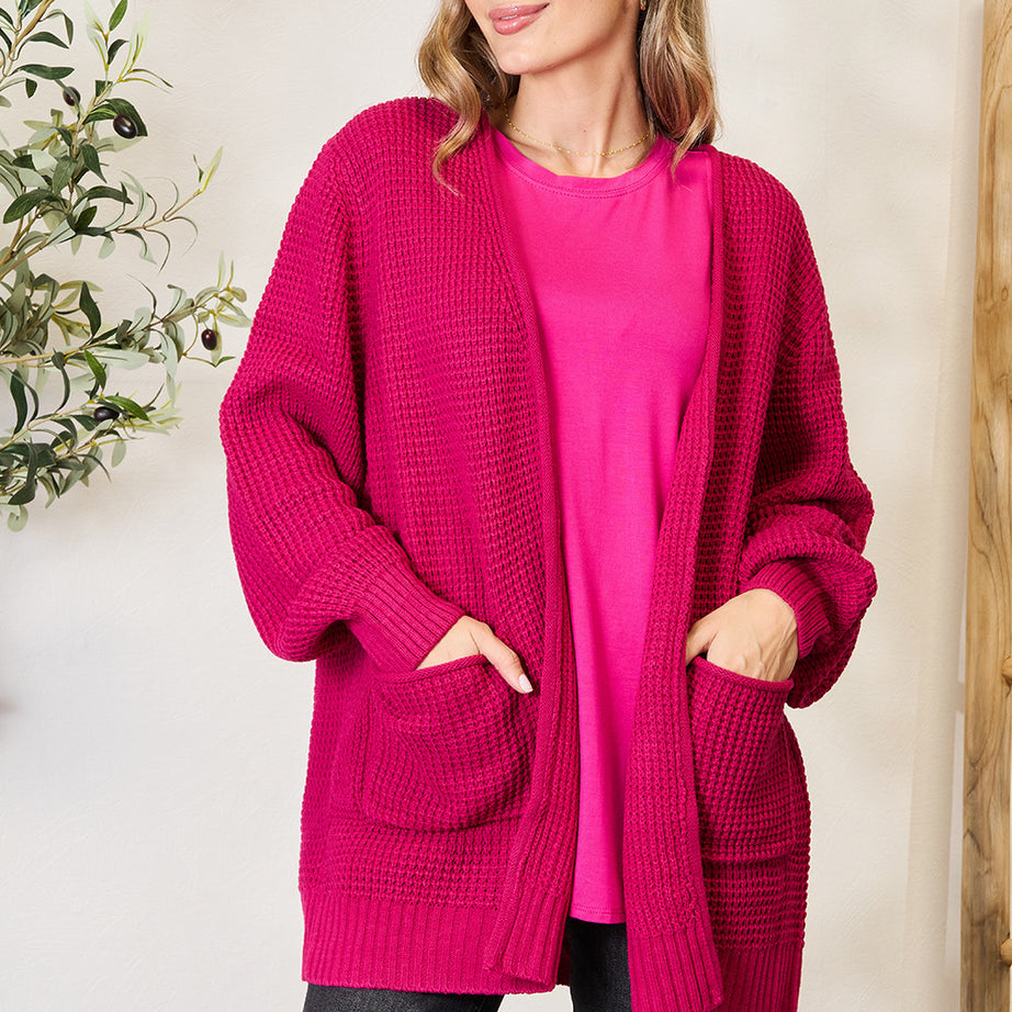 Zenana Full Size Waffle-Knit Open Front Cardigan