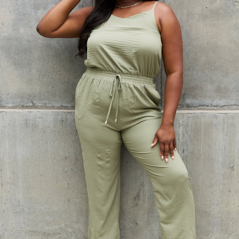 ODDI Full Size Textured Woven Jumpsuit in Sage