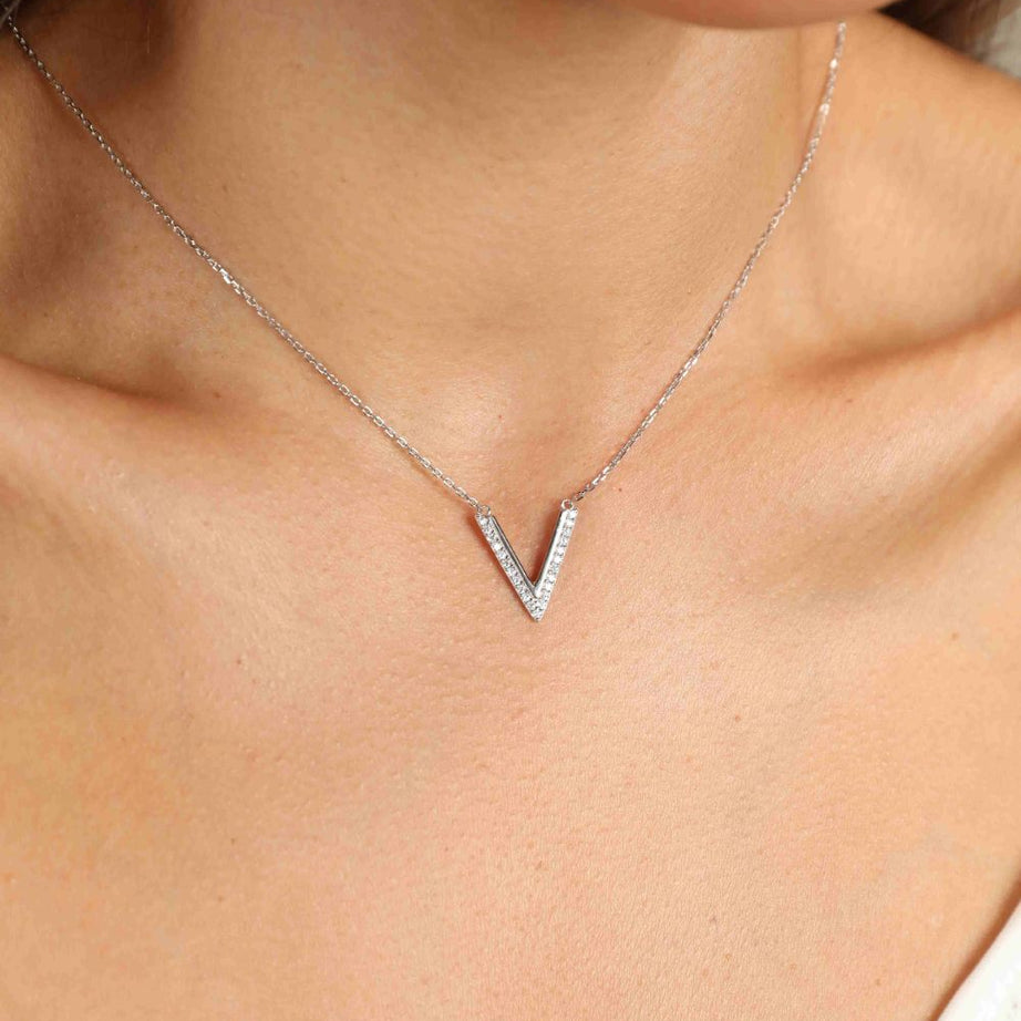 Adored Sterling Silver V Letter Pendant Necklace