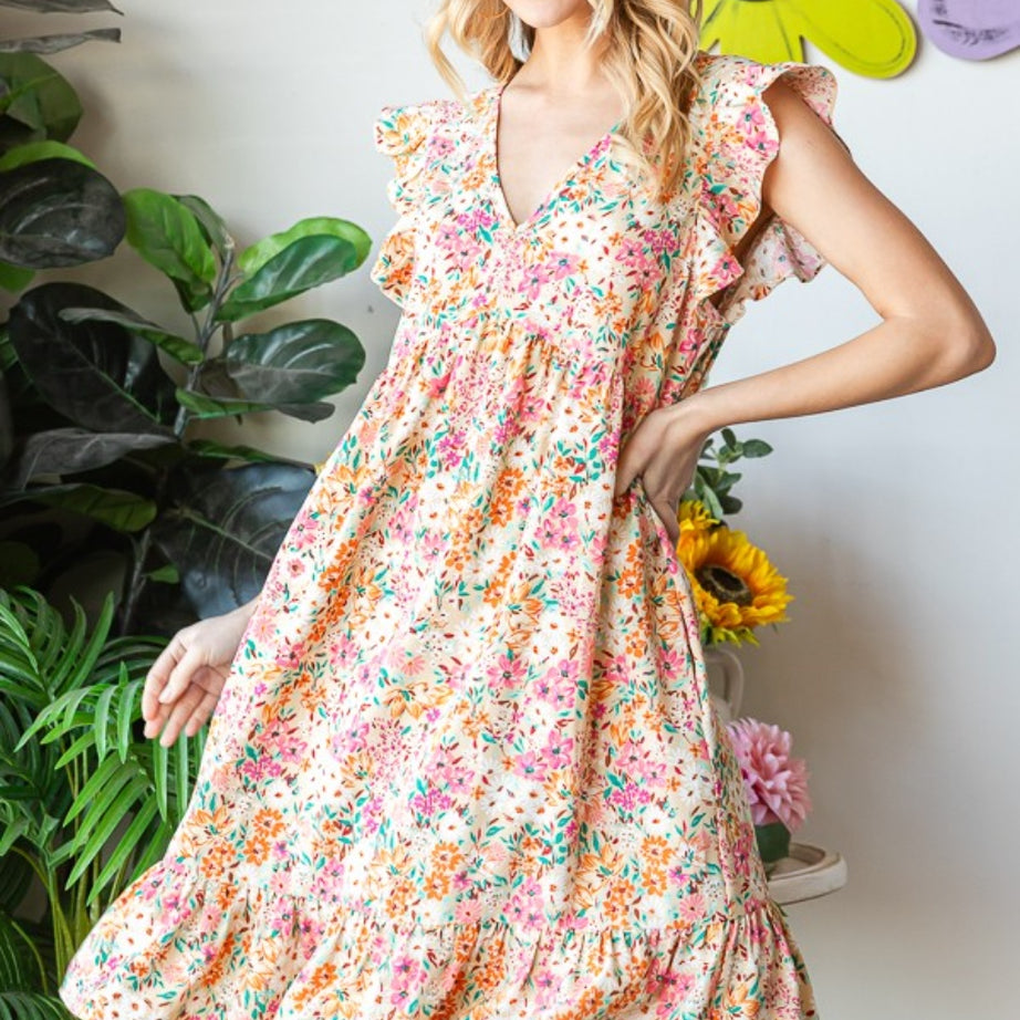 Heimish Full Size Floral Ruffled V-Neck Dress