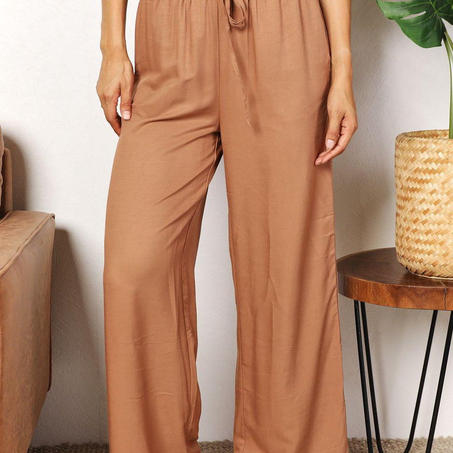 Double Take Drawstring Smocked Waist Wide Leg Pants