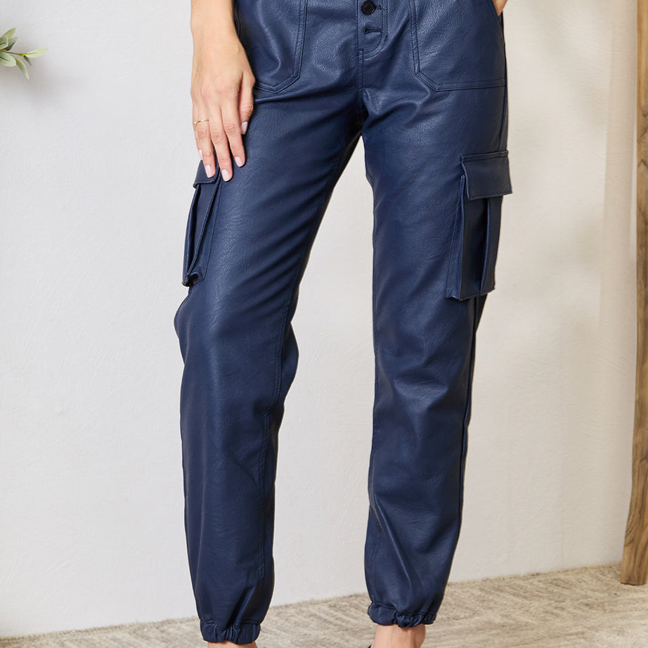 Kancan High Waist Faux Leather Cargo Joggers