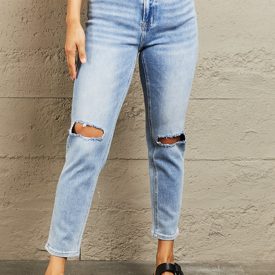 BAYEAS High Waisted Distressed Slim Cropped Jeans