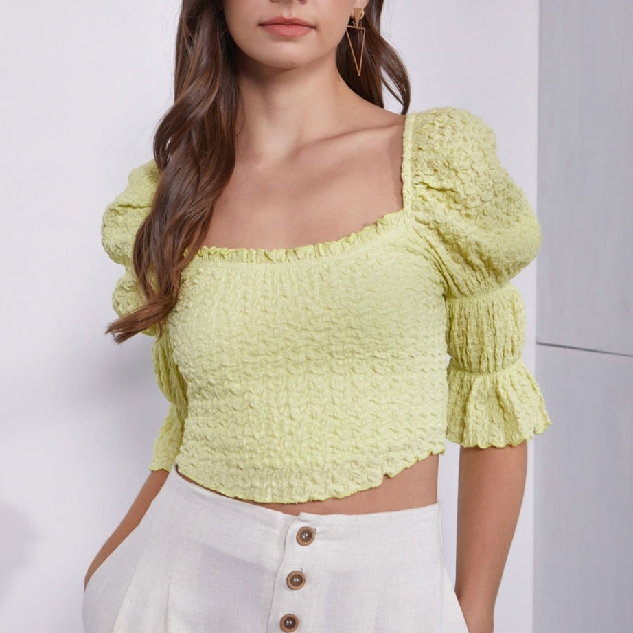 Mustard Seed Crinkle Texture Puff Sleeve Crop Top