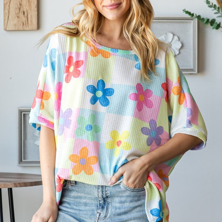 HOPELY Floral Round Neck Waffle T-Shirt