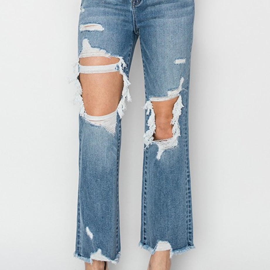 RISEN High Rise Distressed Crop Straight Jeans