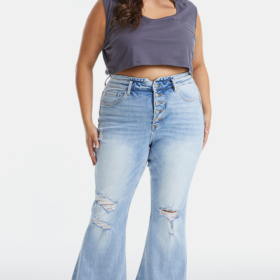 BAYEAS Full Size Distressed Raw Hem High Waist Flare Jeans