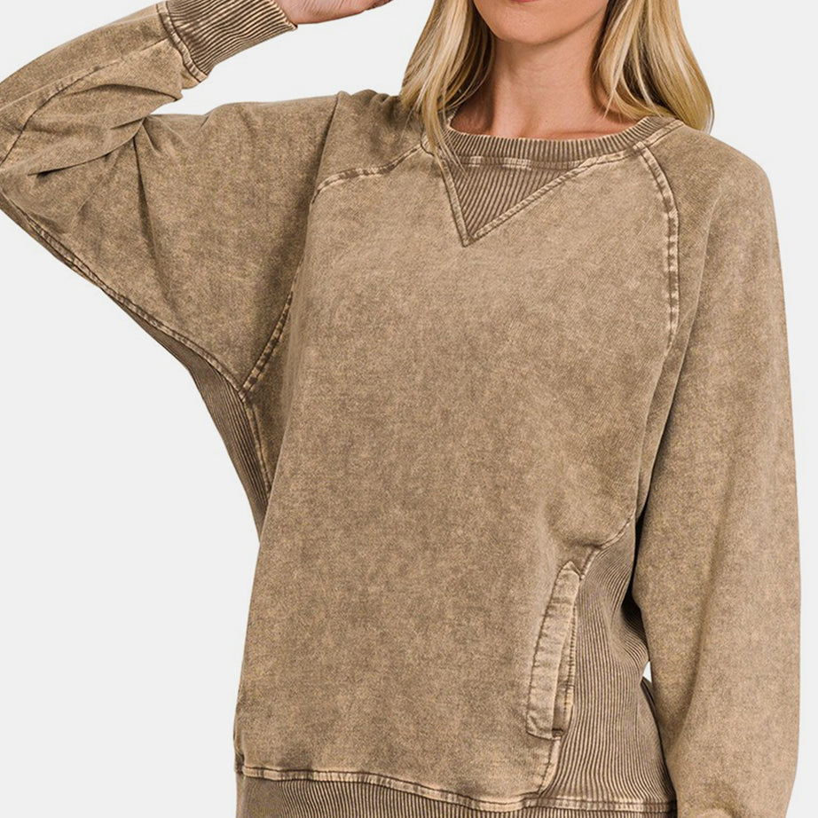 Zenana Pocketed Round Neck Sweatshirt